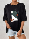 Women'WB shield Geometric Print Drop Shoulder Tee, Summer TNF Women, Casual Street Half Sleeve Round Neck T-shirt for...