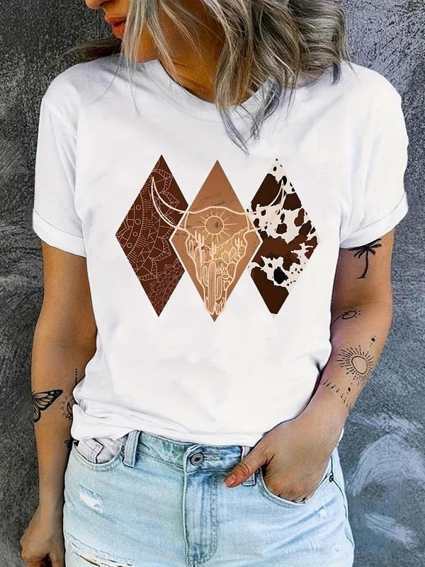 Women'WB shield Geometric Print Round Neck Tee, Casual Short Sleeve T-shirt for Daily Wear, Ladies TNF for Spiky hair...