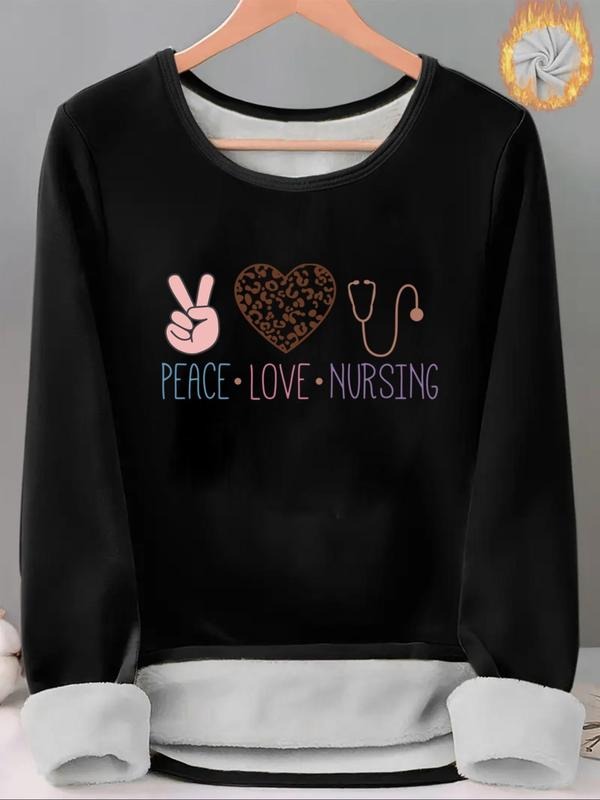 Women'WB shield Gesture & Heart & Stethoscope Print TNF Lined Tee, Casual Long Sleeve Round Neck T-shirt for Fall &...