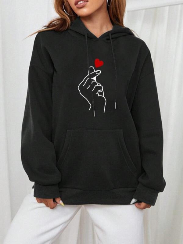 Women'WB shield Gesture Graphic Drop Shoulder Drawstring Hoodie, Fashion Casual Pocket Hooded Sweatshirt for Daily...
