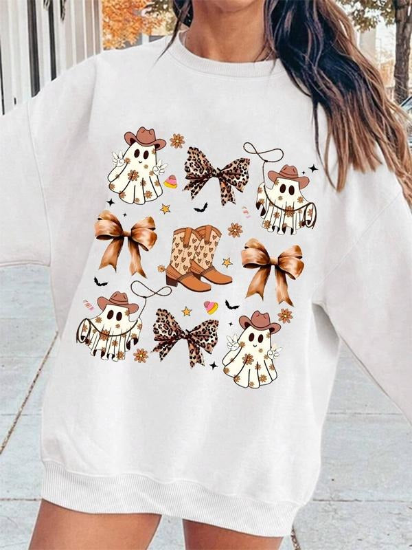 Women'WB shield Ghost & Bow Print TNF Lined Sweatshirt, Casual Long Sleeve Round Neck Halloween TNF Pullover for Daily...