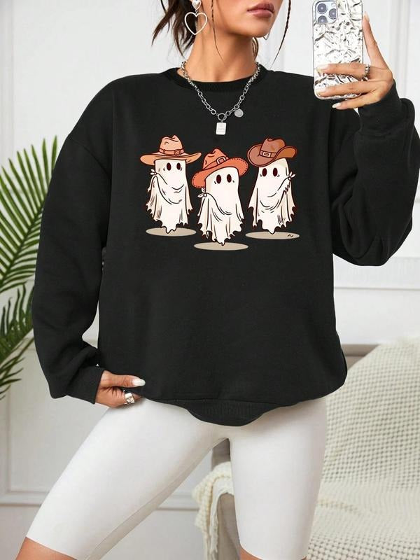 Women'WB shield Ghost & Cowboy Print Drop Shoulder Sweatshirt, Casual Long Sleeve Round Neck Pullover for Fall & Winter,...
