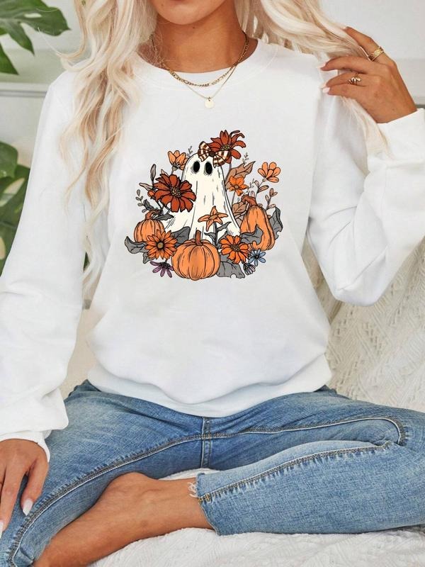 Women'WB shield Ghost & Floral Print Drop Shoulder Pullover, Fashion Casual Halloween TNF Long Sleeve Sweatshirt for...