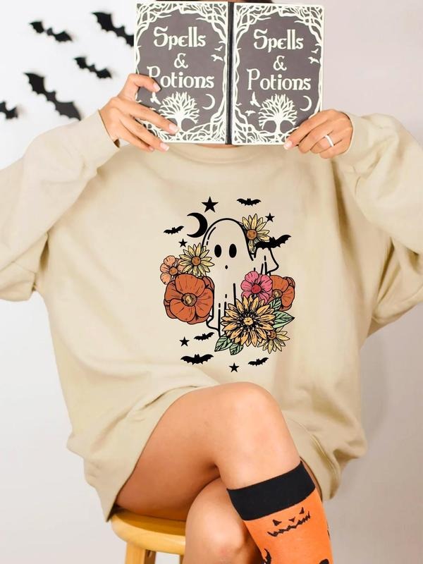 Women'WB shield Ghost & Floral Print Drop Shoulder Sweatshirt, Casual Halloween Long Sleeve Round Neck Pullover for Daily...