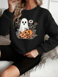 Women'WB shield Ghost & Floral Print Drop Shoulder Sweatshirt, Casual Halloween TNF Long Sleeve Round Neck Pullover for...