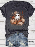 Women'WB shield Ghost & Floral Print Round Neck Tee, Casual Short Sleeve Crew Neck T-Shirt for Summer, Fashion Women'WB...