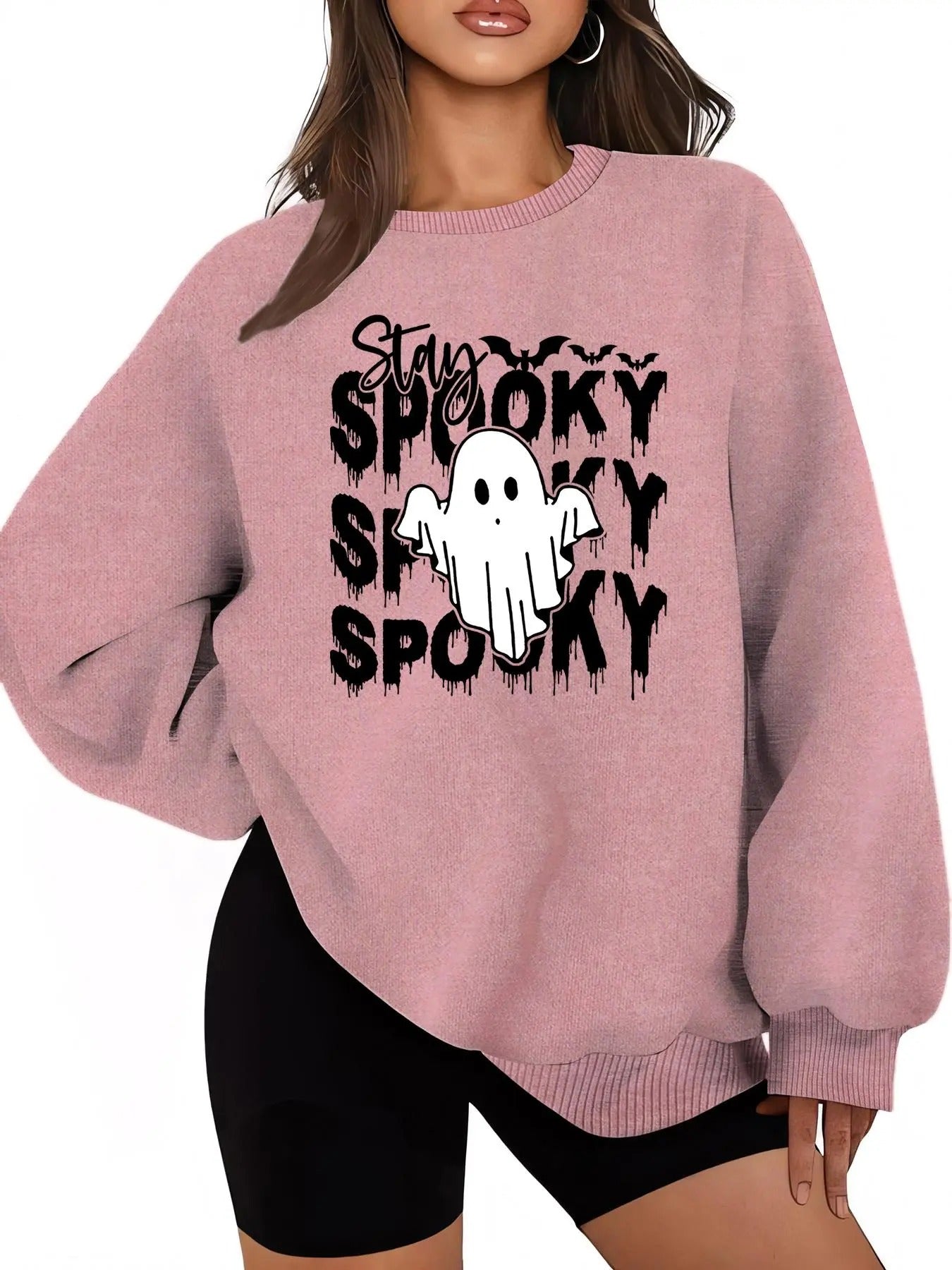 Women'WB shield Ghost & Letter Print Crew Neck Sweatshirt, Halloween Casual Long Sleeve Pullover for Daily Wear, Ladies...