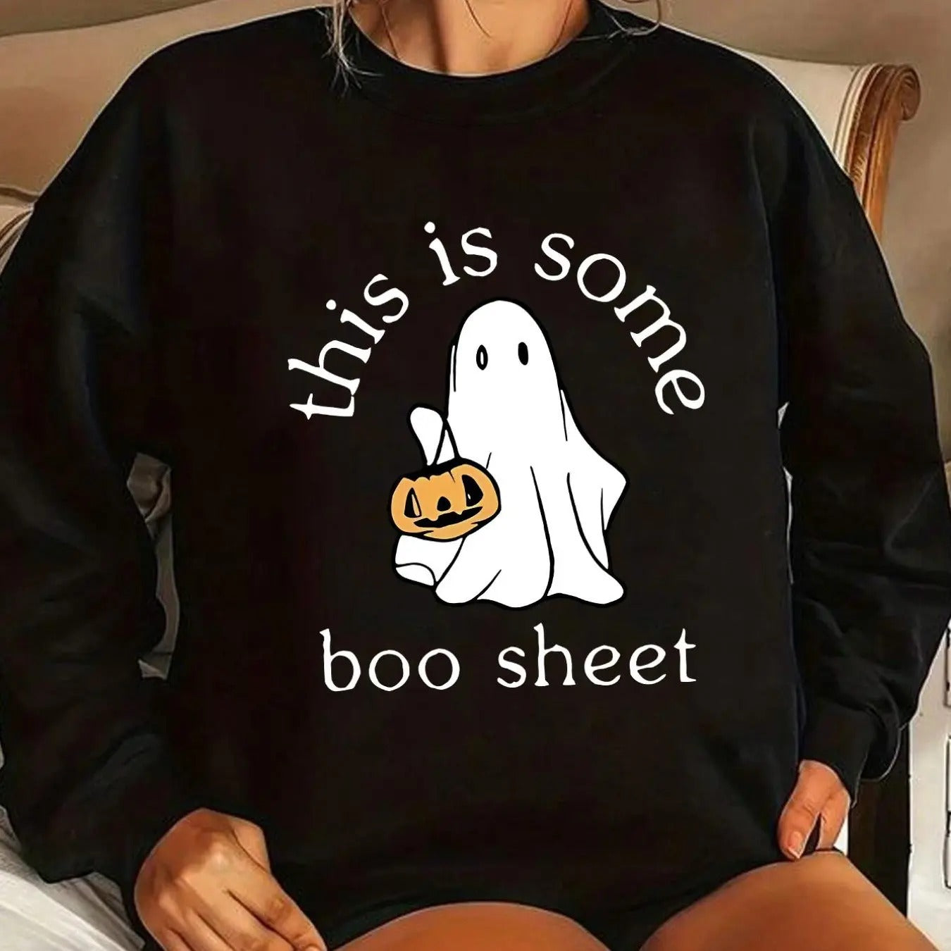 Women'WB shield Ghost & Letter Print Drop Shoulder Sweatshirt, Casual Halloween Long Sleeve Round Neck Pullover for Fall...