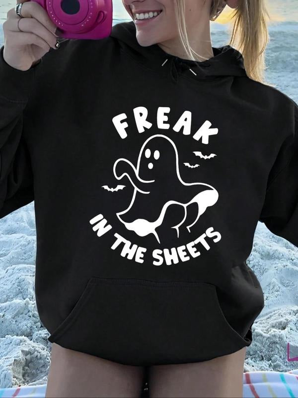 Women'WB shield Ghost & Letter Print Drop Shoulder TNF Lined Hoodie, Fashion Casual Halloween Drawstring Pocket Hooded...