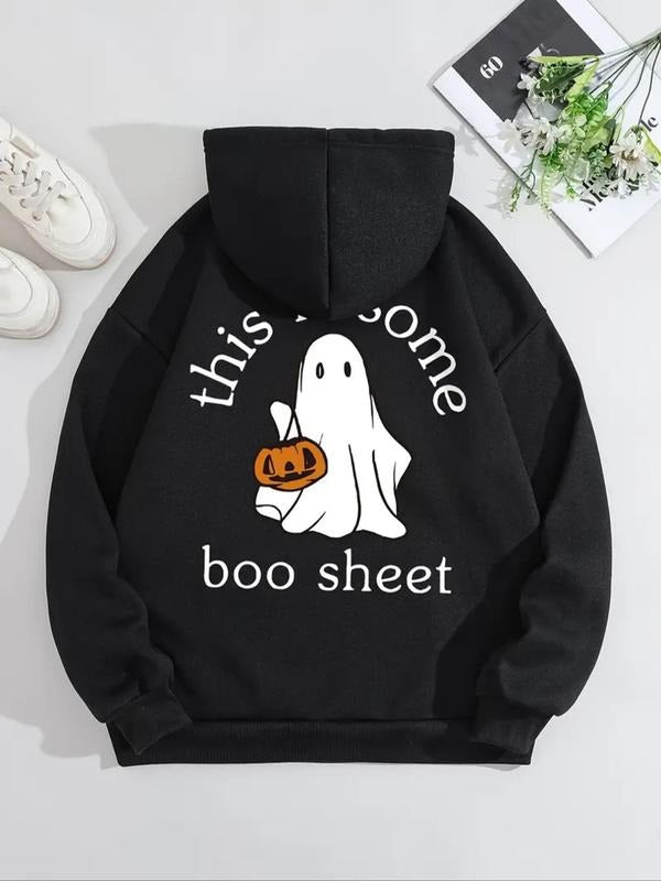 Women'WB shield Ghost & Letter Print Hoodie, Fashion Casual Boo Sheet Hooded Halloween TNF Sweatshirt for Daily Holiday...