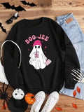 Women'WB shield Ghost & Letter Print Round Neck Sweatshirt, Casual Long Sleeve Crew Neck Pullover for Fall & Winter,...