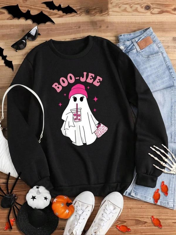 Women'WB shield Ghost & Letter Print Round Neck Sweatshirt, Casual Long Sleeve Crew Neck Pullover for Fall & Winter,...