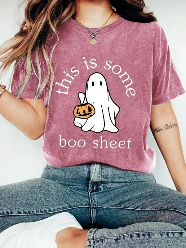 Women'WB shield Ghost & Letter Print Round Neck Tee, Fashion Casual Crew Neck T-Shirt for Daily Holiday Vacation Outdoor...