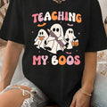 Women'WB shield Ghost & Letter Print Round Neck Tee, Fashion Casual Short Sleeve T-Shirt for Daily Holiday Vacation...