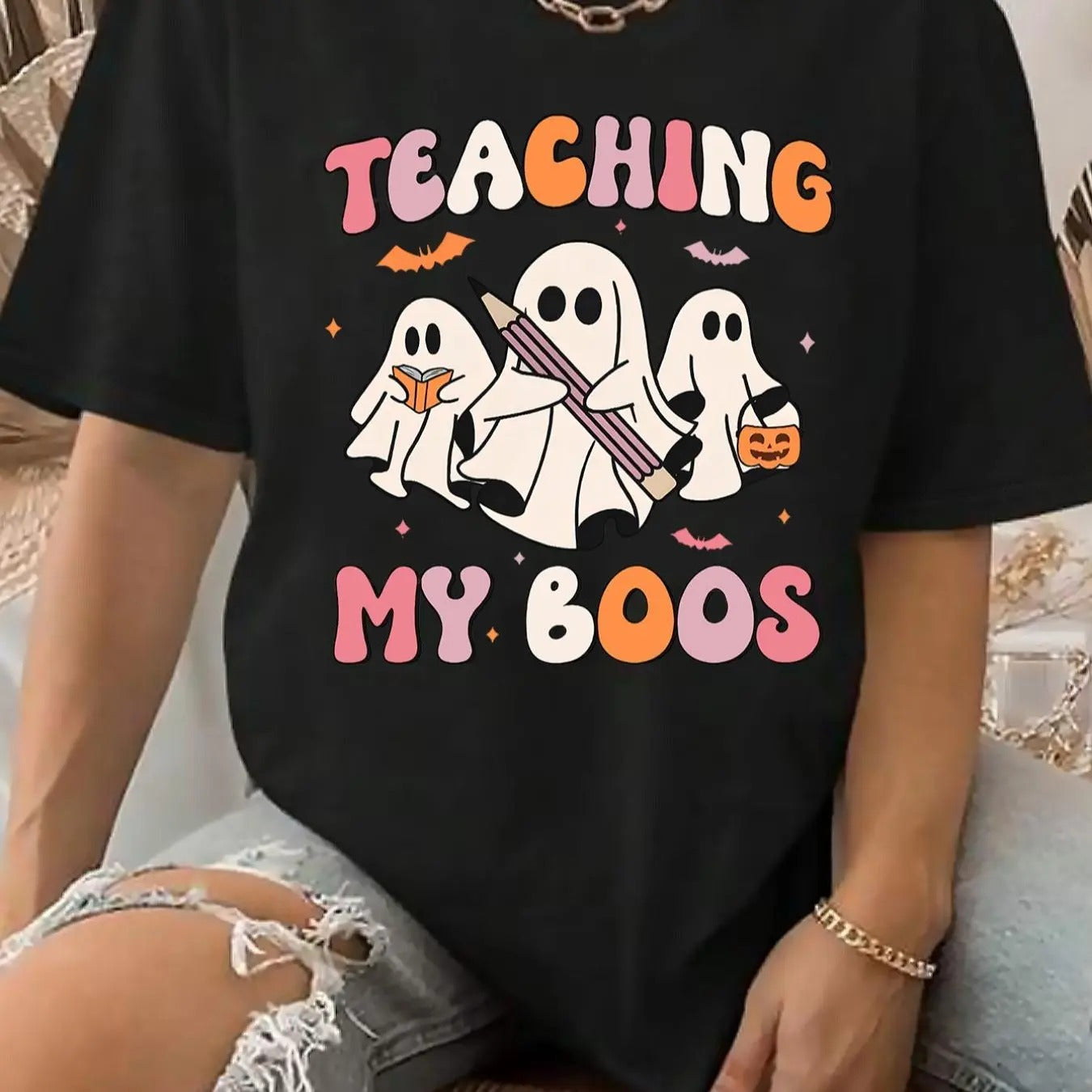 Women'WB shield Ghost & Letter Print Round Neck Tee, Fashion Casual Short Sleeve T-Shirt for Daily Holiday Vacation...