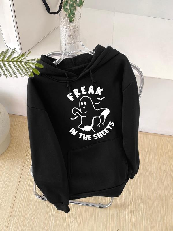 Women'WB shield Ghost & Letter Print TNF Lined Hoodie, Fashion Casual Drawstring Pocket Hooded Sweatshirt for Daily...