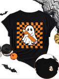 Women'WB shield Ghost & Plaid Print Round Neck Graphic Tee, Casual Short Sleeve T-shirt for Daily Wear, Ladies Spiky hair...