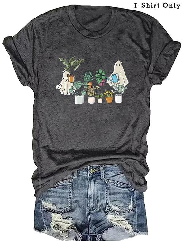 Women'WB shield Ghost & Plants Print Round Neck Tee, Casual Short Sleeve Crew Neck T-shirt for Summer, Fashion Women'WB...