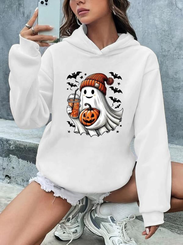 Women'WB shield Ghost & Pumpkin Drop Shoulder Hoodie, Fashion Casual Halloween TNF Long Sleeve Hooded Sweatshirt for...