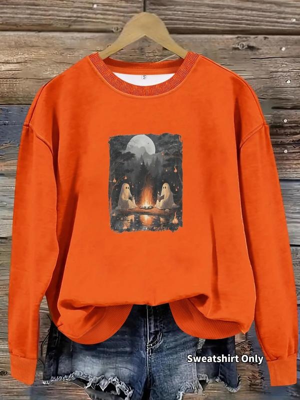 Women'WB shield Ghost & Pumpkin Print Crew Neck Sweatshirt, Casual Long Sleeve Pullover for Daily Wear, Ladies TNF for...