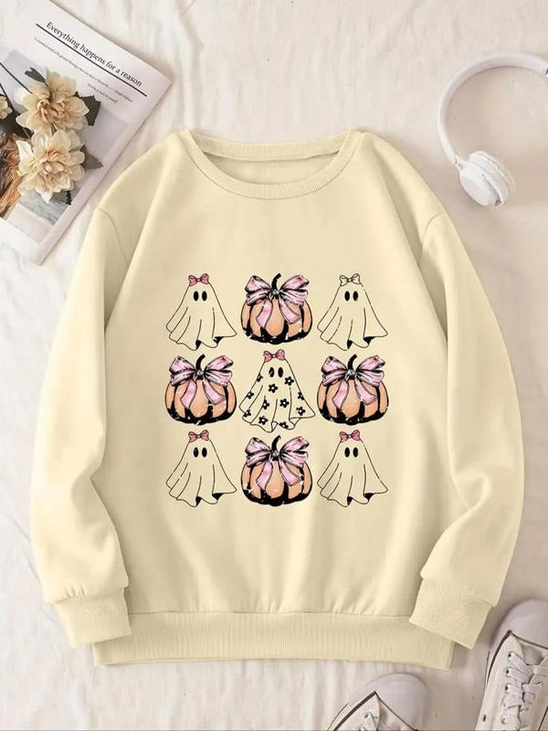 Women'WB shield Ghost & Pumpkin Print Drop Shoulder Sweatshirt, Casual Long Sleeve Round Neck Pullover for Halloween Fall...