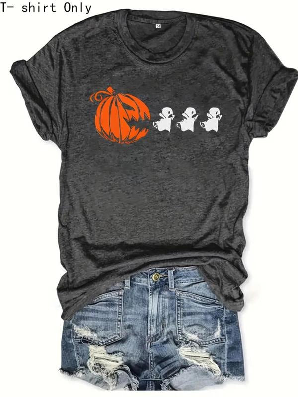 Women'WB shield Ghost & Pumpkin Print Round Neck Graphic Tee, Vintage Trendy Casual Short Sleeve T-shirt for Daily Wear,...