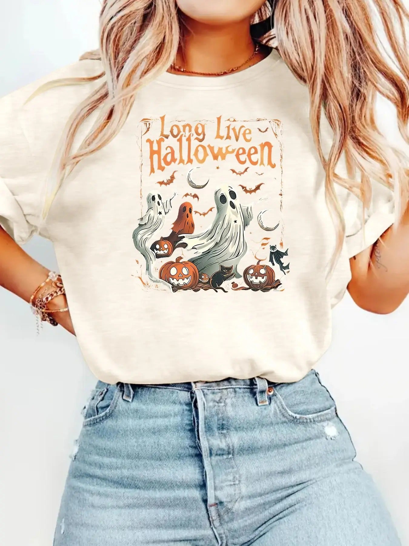 Women'WB shield Ghost & Pumpkin Print Round Neck Tee, Casual Halloween Graphic Short Sleeve T-Shirt for Summer, Women'WB...