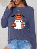 Women'WB shield Ghost & Pumpkin Print Round Neck Tee, Cute Casual Long Sleeve Crew Neck T-Shirt for Daily Holiday...