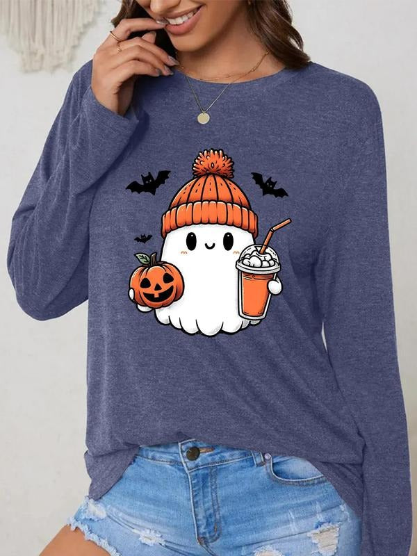 Women'WB shield Ghost & Pumpkin Print Round Neck Tee, Cute Casual Long Sleeve Crew Neck T-Shirt for Daily Holiday...
