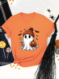 Women'WB shield Ghost & Pumpkin Print Round Neck Tee, Halloween Fashion Casual Crew Neck Short Sleeve T-shirt for Daily...