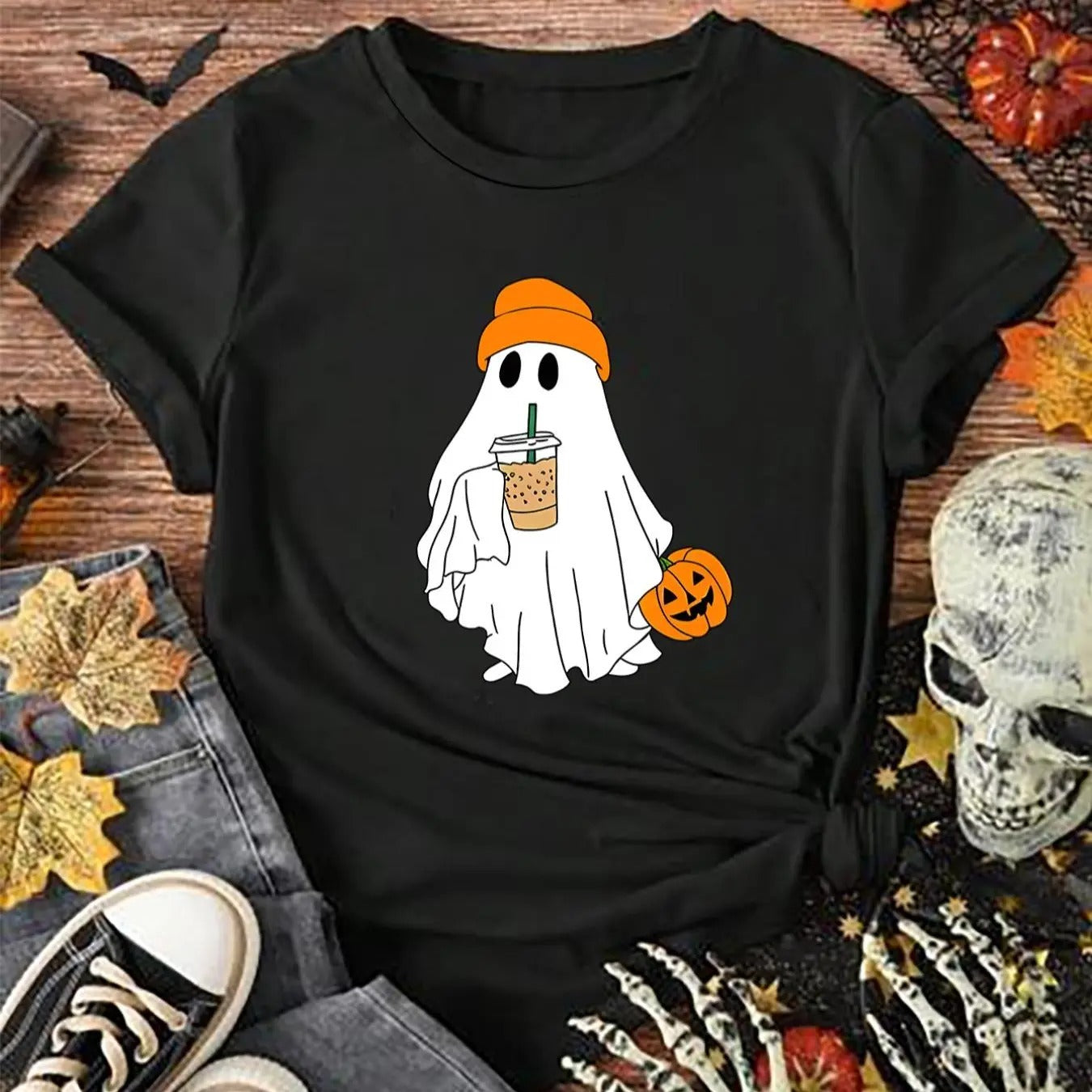 Women'WB shield Ghost & Pumpkin Print Round Neck Tee, Halloween TNF Fashion Casual Short Sleeve Crew Neck T-shirt for...