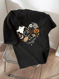 Women'WB shield Ghost & Pumpkin Print Round Neck Tee, Halloween TNF Fashion Casual Short Sleeve T-shirt for Daily Holiday...