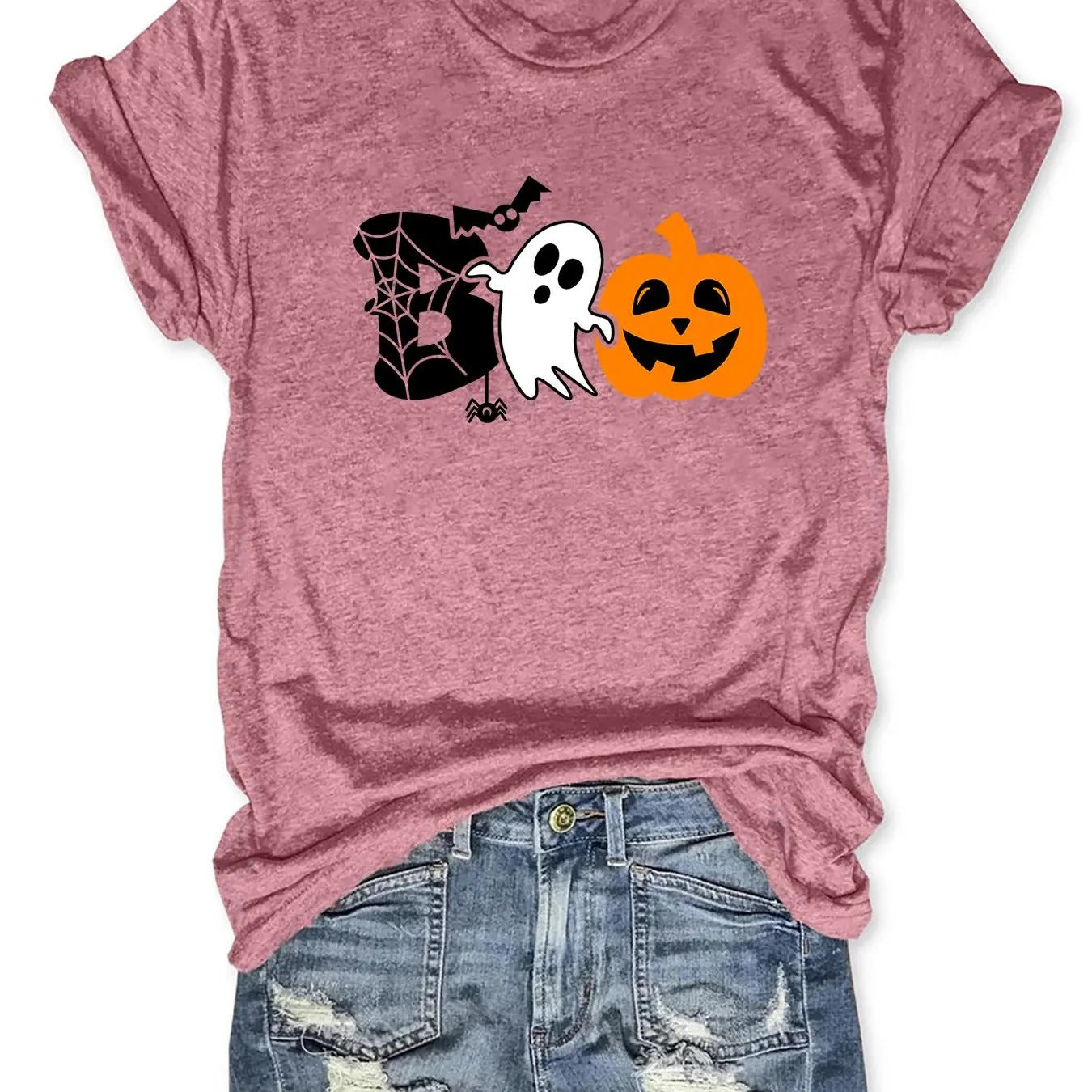 Women'WB shield Ghost & Pumpkin Print Round Neck Tee, Halloween TNF Fashion Casual Short Sleeve T-shirt for Daily Wear,...
