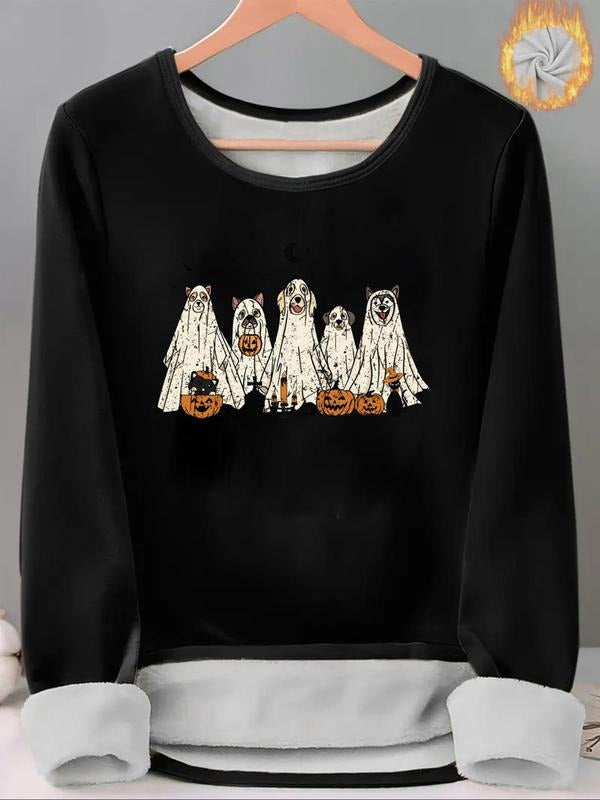 Women'WB shield Ghost Dog Print TNF Lined Tee, Casual Long Sleeve Round Neck T-shirt for Halloween Fall & Winter, Ladies...