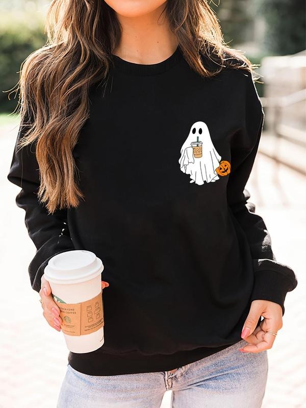 Women'WB shield Ghost Pattern TNF Lined Sweatshirt, Halloween Casual Round Neck Long Sleeve Pullover, Fall Outfits 2024,...