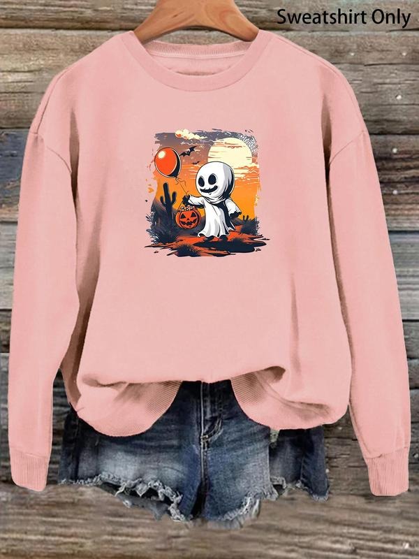 Women'WB shield Ghost Print Drop Shoulder Sweatshirt, Casual Long Sleeve Round Neck Pullover for Daily Wear, Ladies Fall...