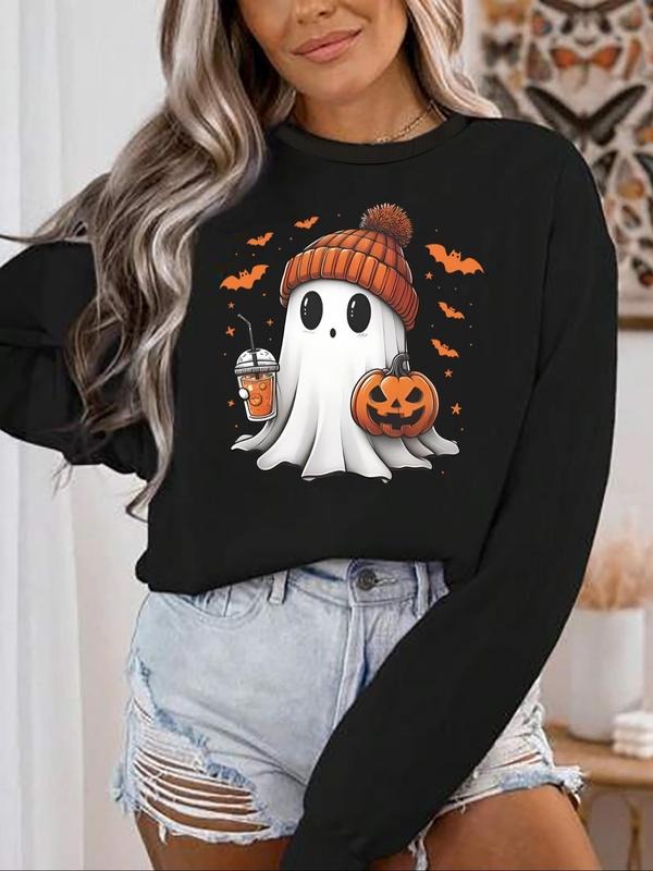 Women'WB shield Ghost Print Drop Shoulder Sweatshirt, Casual Long Sleeve Round Neck Pullover for Daily Wear, Ladies TNF...
