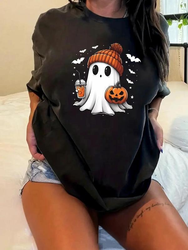 Women'WB shield Ghost Print Round Neck Tee, Fashion Casual Crew Neck Short Sleeve T-shirt for Daily Holiday Vacation...
