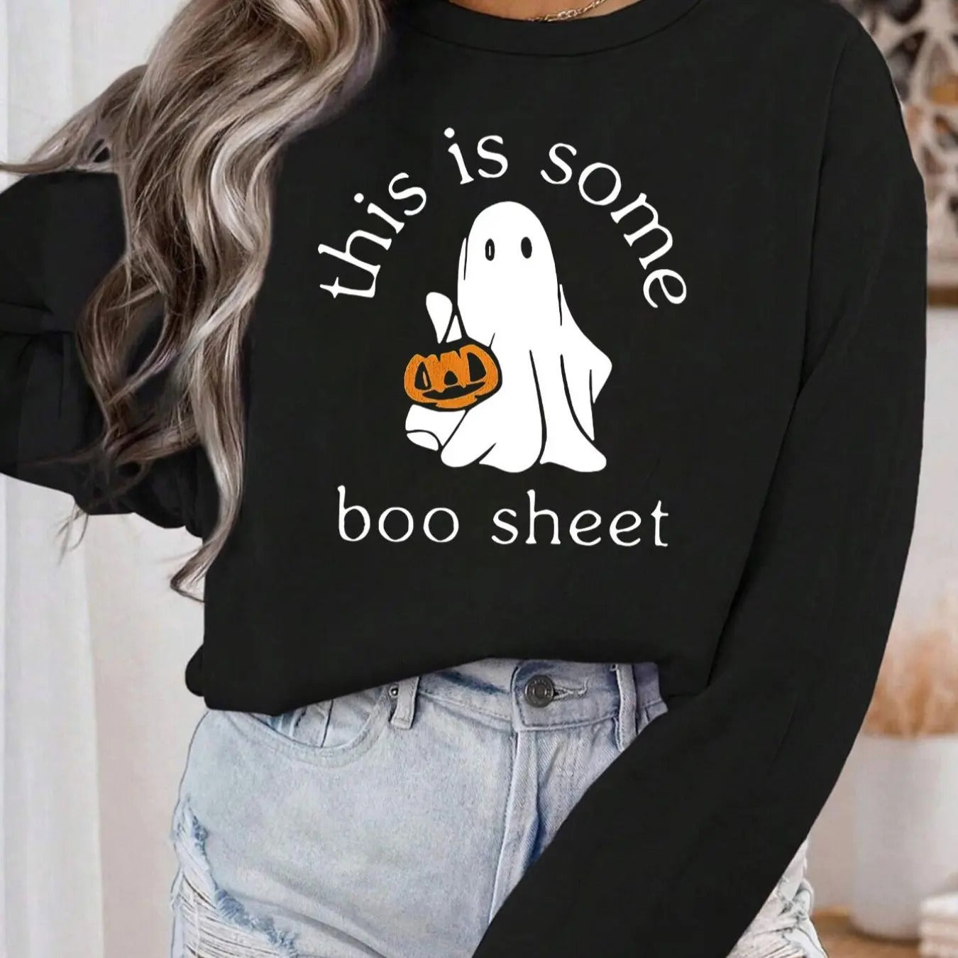 Women'WB shield Ghost Print TNF Lined Sweatshirt, Casual Long Sleeve Round Neck Pullover for Halloween Daily Wear, Ladies...