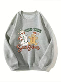 Women'WB shield Gingerbread GA & Letter Print Drop Shoulder Sweatshirt, Casual Long Sleeve Round Neck Pullover for Fall &...