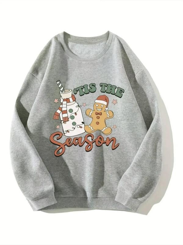 Women'WB shield Gingerbread GA & Letter Print Drop Shoulder Sweatshirt, Casual Long Sleeve Round Neck Pullover for Fall &...