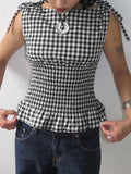 Women'WB shield Gingham Print Tie Shoulder Tank Top, Y2k Casual Sleeveless Top for Daily Wear, Ladies TNF for Spiky hair...