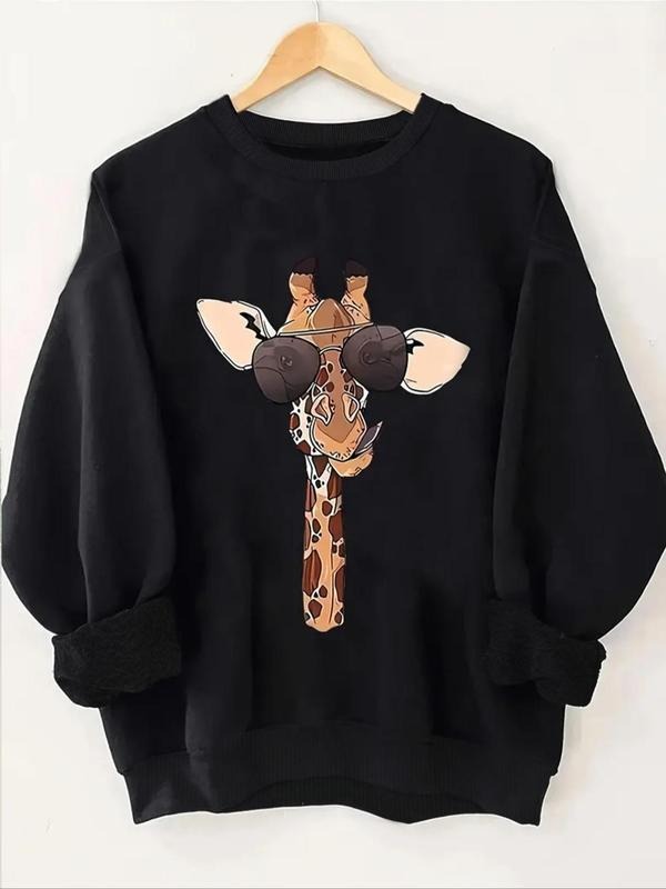 Women'WB shield Giraffe Print Crew Neck Sweatshirt, Casual Drop Shoulder Long Sleeve Pullover, Women'WB shield Fall &...
