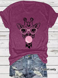 Women'WB shield Giraffe Print Round Neck Tee, Fashion Casual Bubble Gum Design Short Sleeve T-shirt for Daily Wear,...