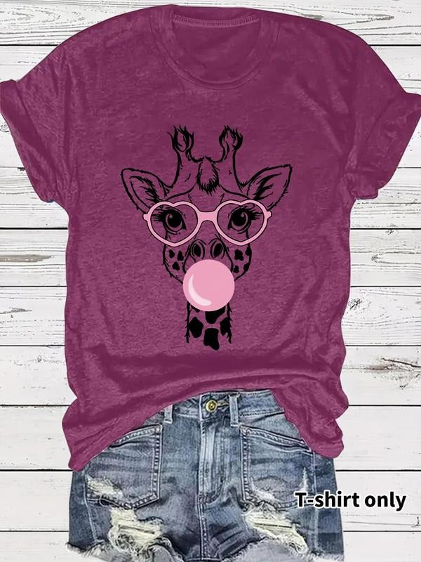 Women'WB shield Giraffe Print Round Neck Tee, Fashion Casual Bubble Gum Design Short Sleeve T-shirt for Daily Wear,...