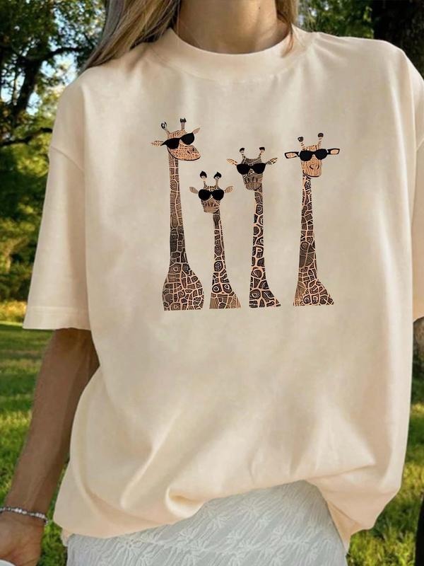 Women'WB shield Giraffe Print Round Neck Tee, Fashion Casual Crew Neck T-Shirt for Daily Holiday Vacation Outdoor Wear,...