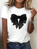 Women'WB shield Glitter Bow Print Round Neck Tee, Fashion Casual Short Sleeve T-shirt for Daily Wear, Ladies Summer TNF,...