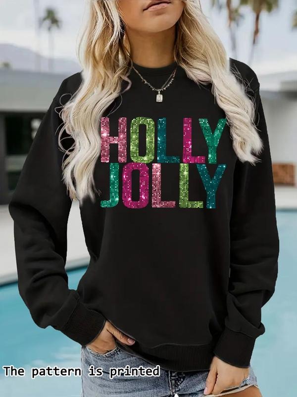 Women'WB shield Glitter Letter Print Round Neck Sweatshirt, Casual Long Sleeve Pullover for Daily Wear, Ladies TNF for...