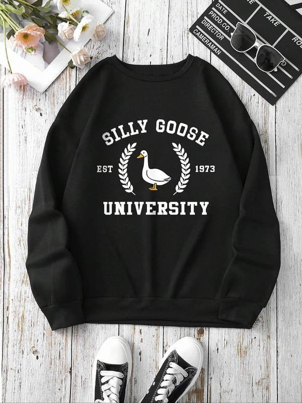 Women'WB shield Goose & Letter Print Crew Neck Sweatshirt, Casual TNF Lined Long Sleeve Pullover for Fall & Winter,...