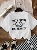 Women'WB shield Goose & Letter Print Round Neck Tee, Fashion Casual Drop Shoulder Short Sleeve T-Shirt for Daily Wear,...